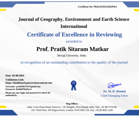 Awarded Certificate of Excellence of Reviewer for Journal of Geography, Environment, & Earth Science International