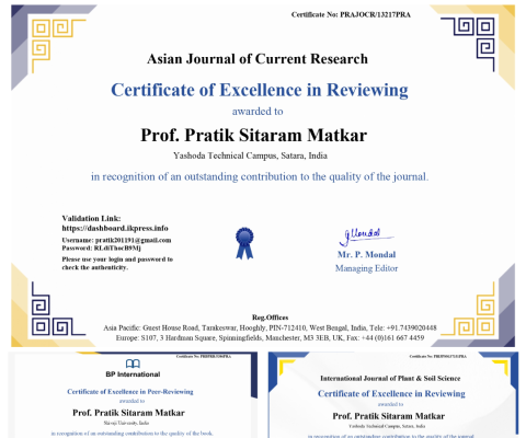 PROF. PRATIK SITARAM MATKAR HONOURED WITH THREE PRESTIGIOUS CERTIFICATES OF EXCELLENCE IN PEER REVIEWING
