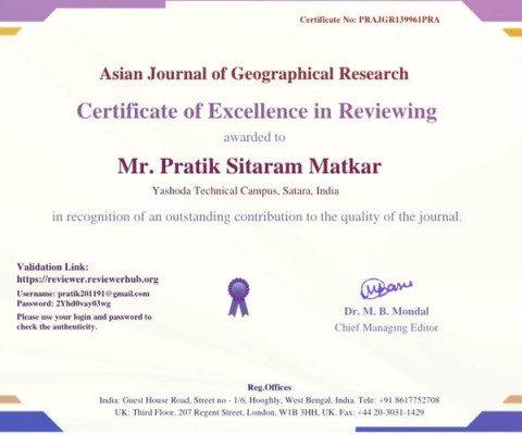 Prof. Pratik Sitaram Matkar Recognized for Excellence in Research Review of International journal