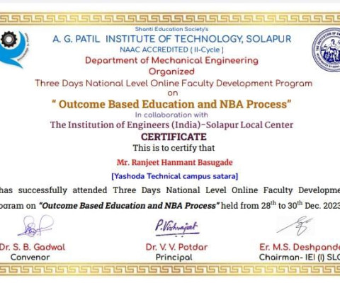 Attended Three days National Level faculty Development Program on Outcome based  education and NBA Process