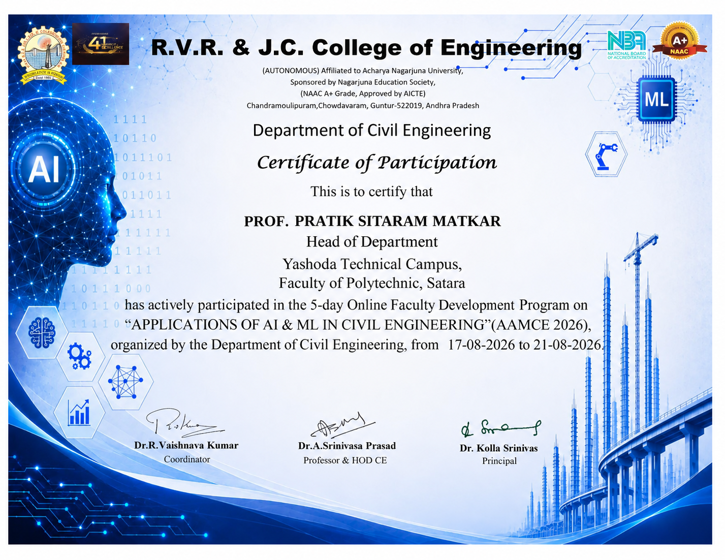 Prof. Pratik Matkar Completes Faculty Development Programme on AI & ML in Civil Engineering